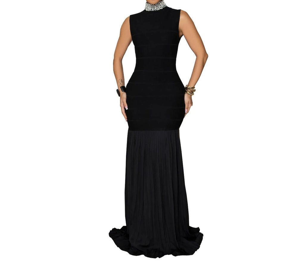 Elegant Party Patchwork Pleated Evening Dress
