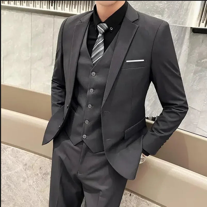 3 Piece Suit (Blazer+ Vest + Trousers) Men's Fashionable Gentleman Business British Style Solid-color Banquet Host Casual Wedding Suit