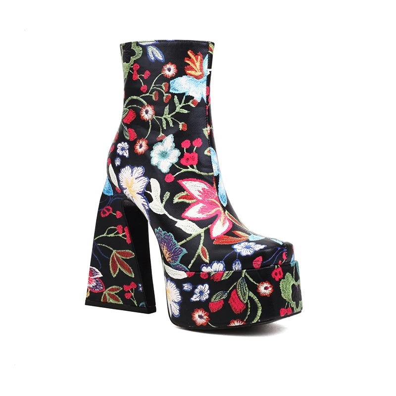 Colorful Flower Pattern Super High Cutout Chunky Heel Ankle Boots