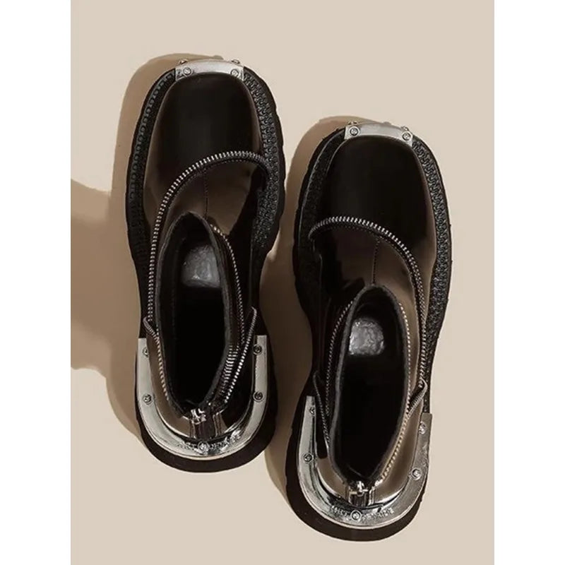 British Style Square Toe Chelsea Boots Retro Metal Functional Booties