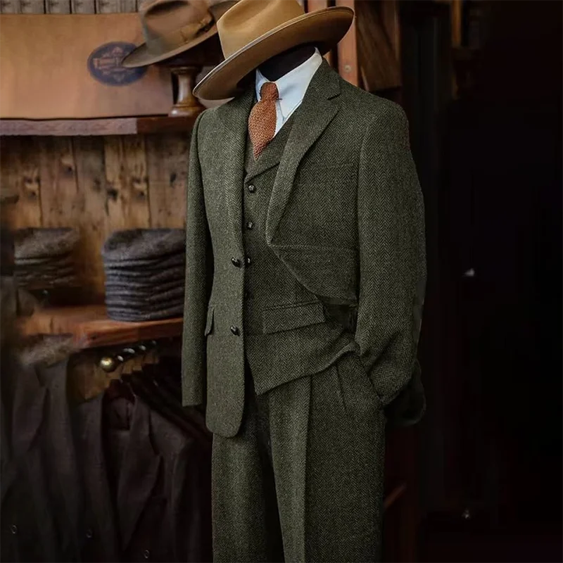 3 piece Slim Fit Herringbone Pattern Single Breasted Suits