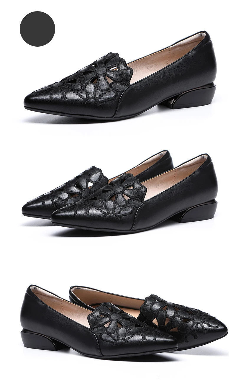 Mid Heel Leather Hollow Out Black Square Heel Shoes