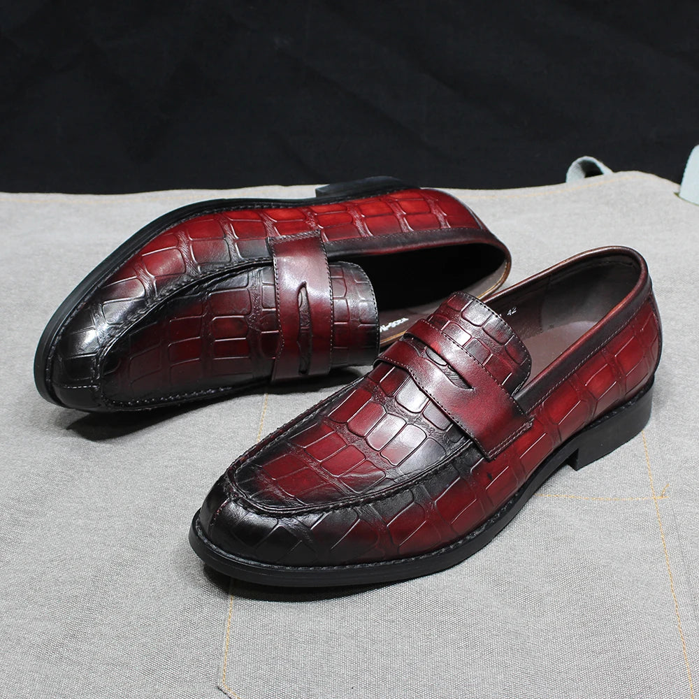 Handmade Crocodile Print Genuine Leather Slip-On Loafers