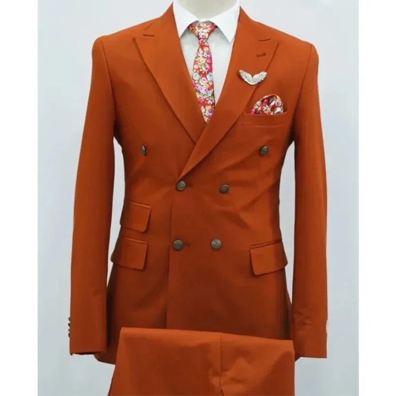 Suits for Men 2 Piece Solid Color Formal Business Casual Male Suit Fashion Peak Lapel Double Breasted Wedding Groom Tuxedo