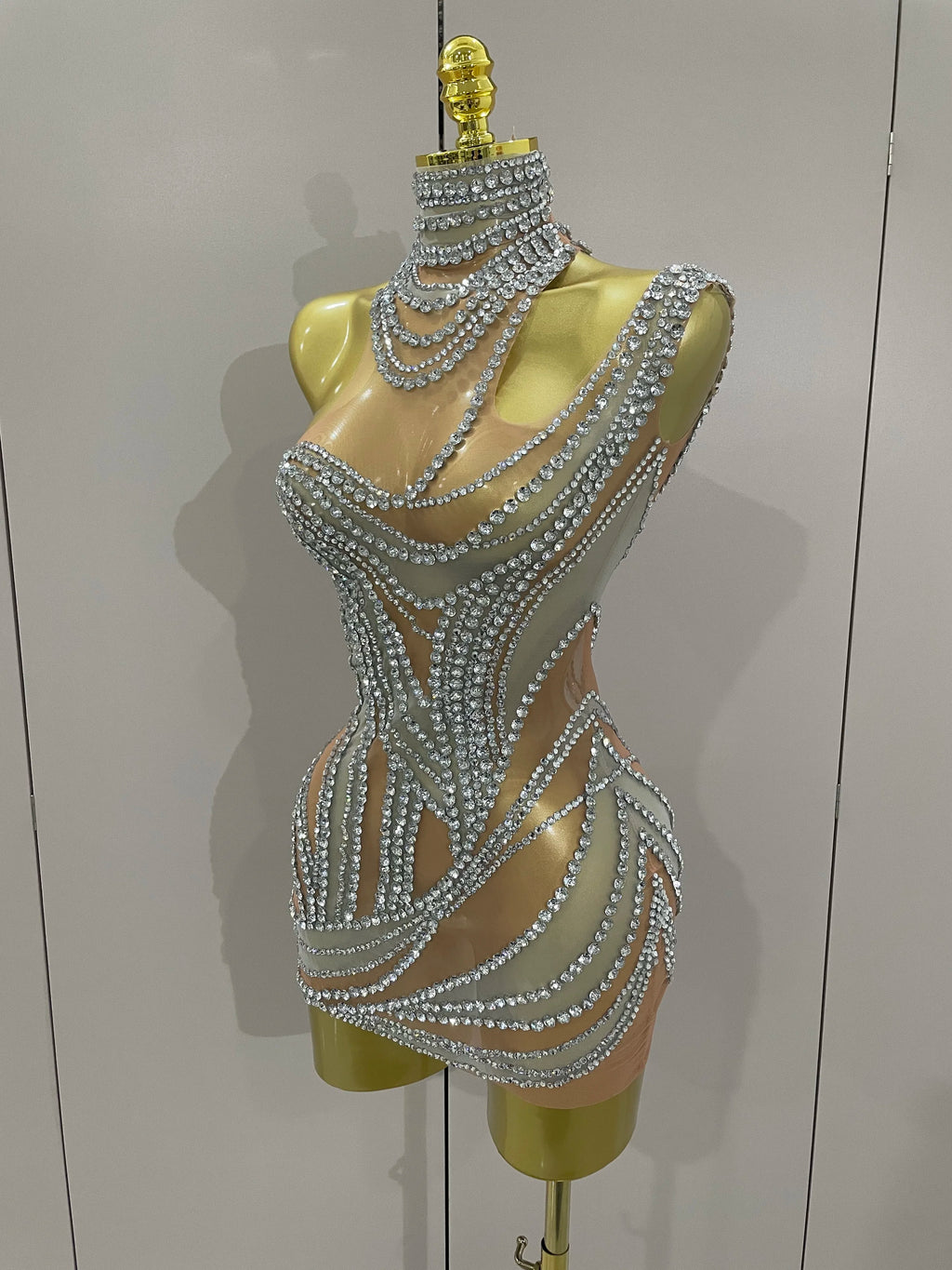 Luxury Sparkly Crystals See Through Mini Dress