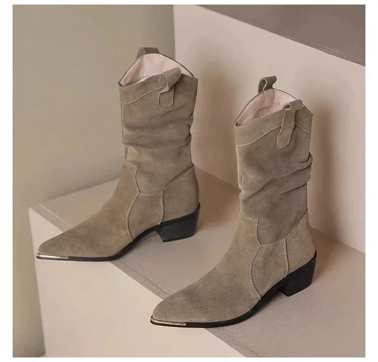 Classic Suede Pointy Toe Chelsea Wedge Heel Ankle Boots