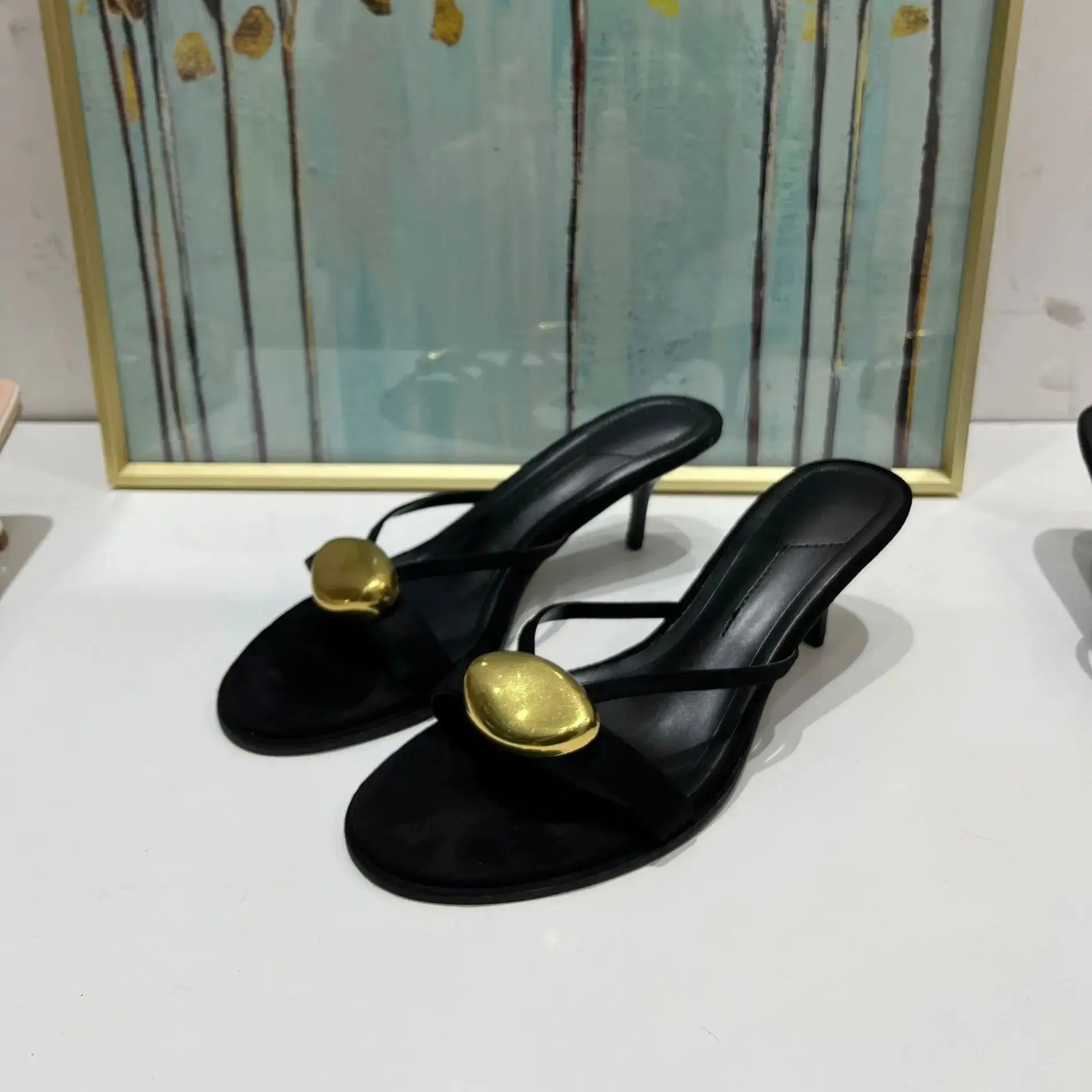 Black Metal Open Toe Thin Heels Slippers Sandals