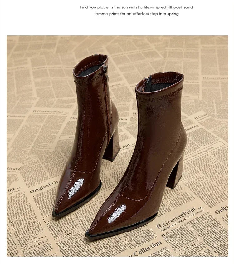 Pointed Toe Thick Heel French Ankle Boots