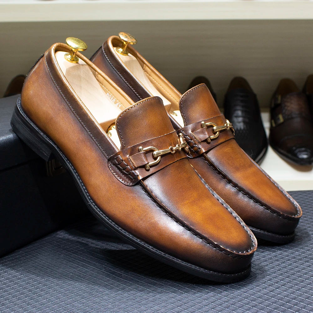 Handmade Genuine Leather Metal Chain Loafers