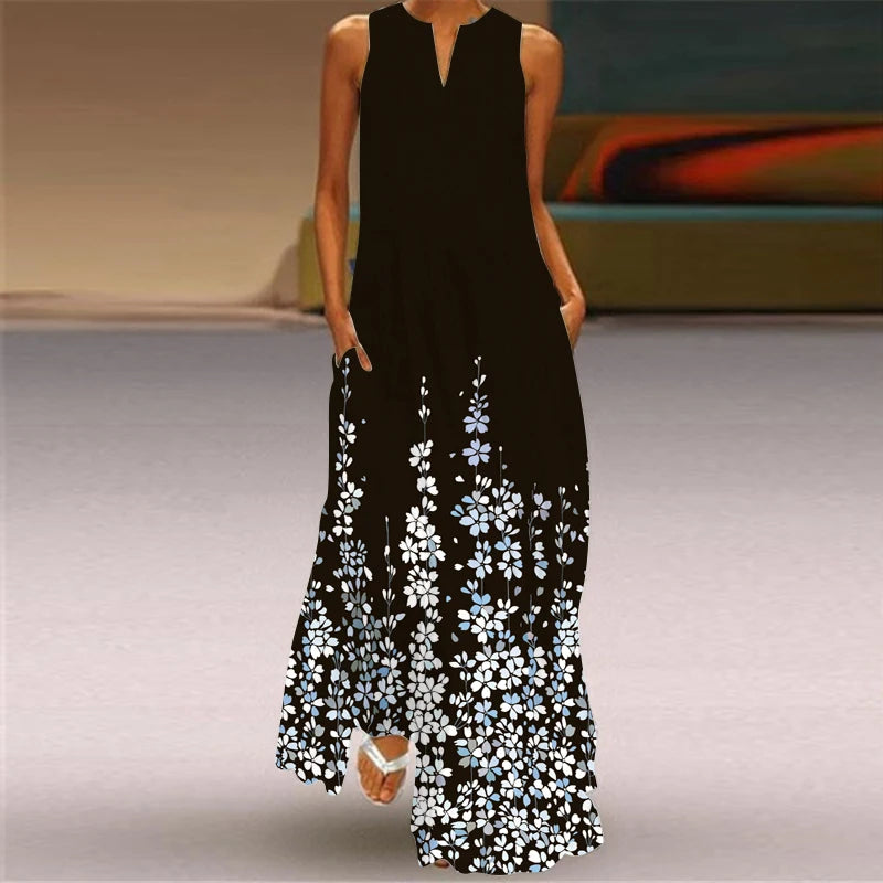 Elegant Sleeveless V-Neck Long Casual Dress