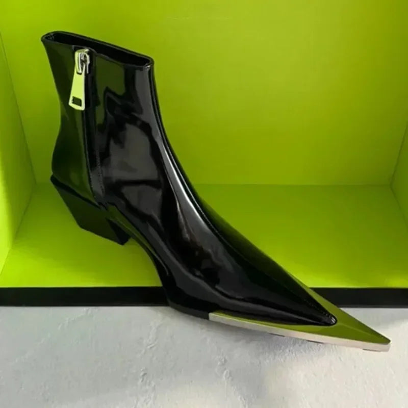 Metal Chunky Heel Pointed Toe Chelsea Boots