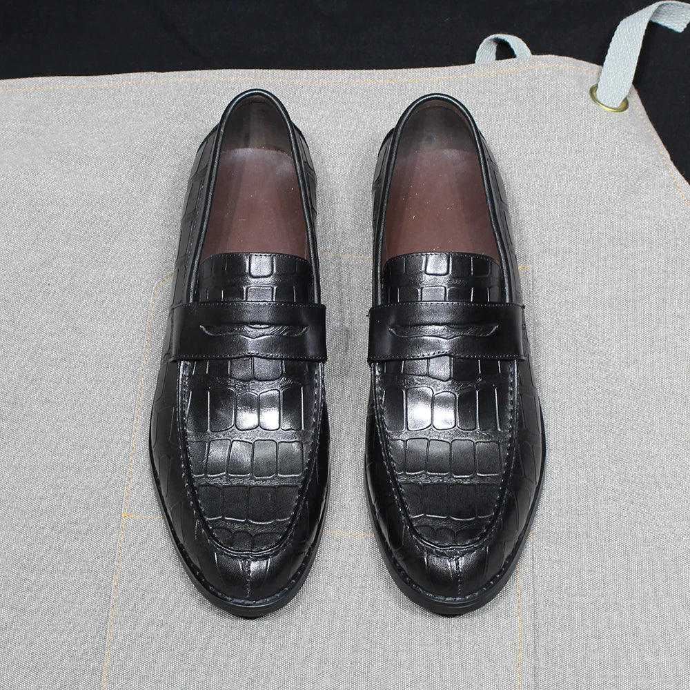 Handmade Crocodile Print Genuine Leather Slip-On Loafers