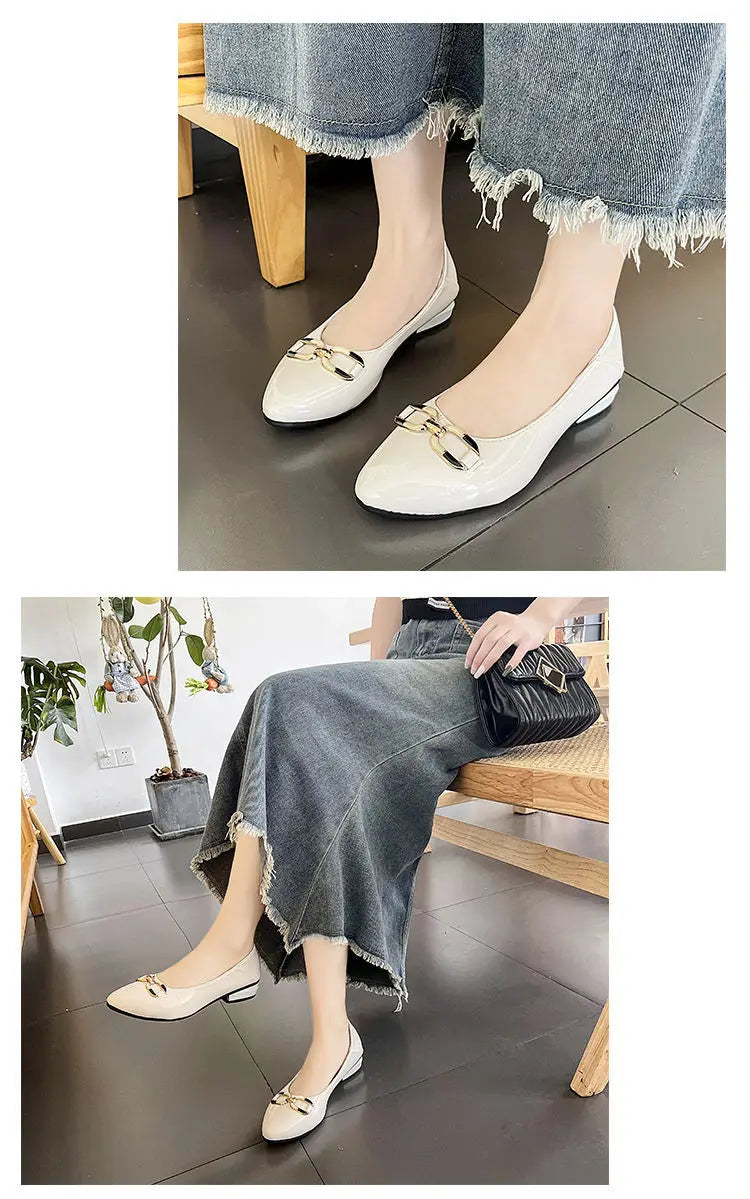 Pointed Toe Patent Leather Low Heel Single Slip on Classic Shoes