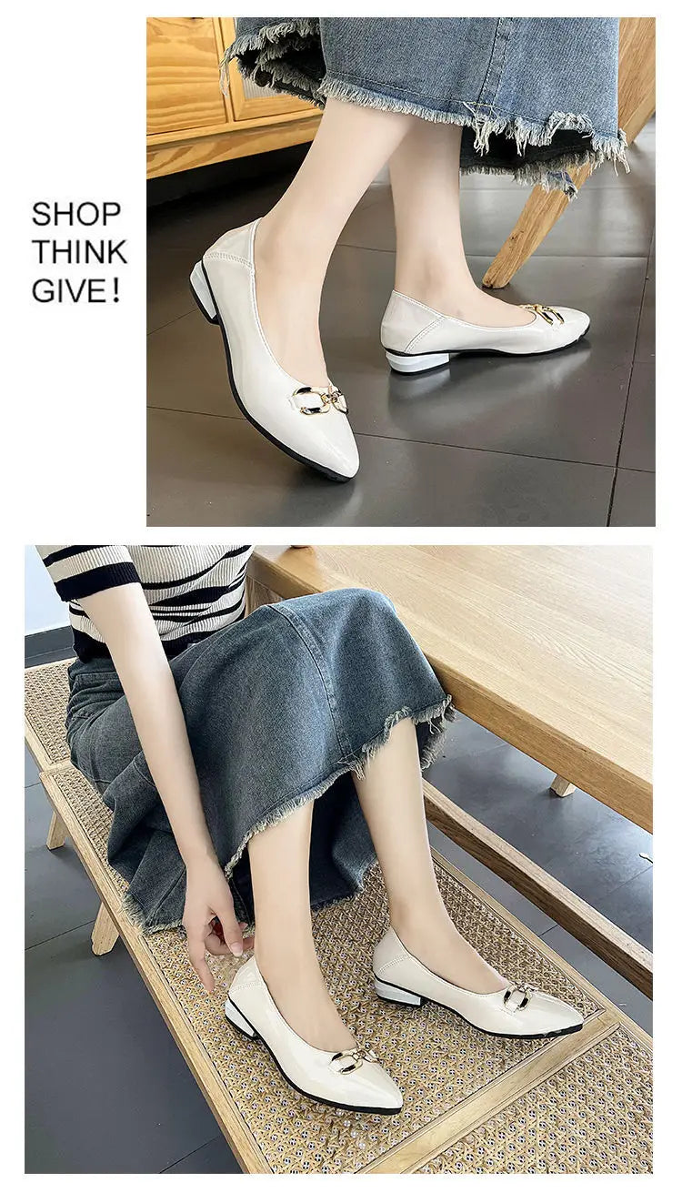 Pointed Toe Patent Leather Low Heel Single Slip on Classic Shoes