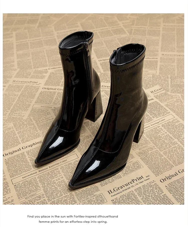 Pointed Toe Thick Heel French Ankle Boots