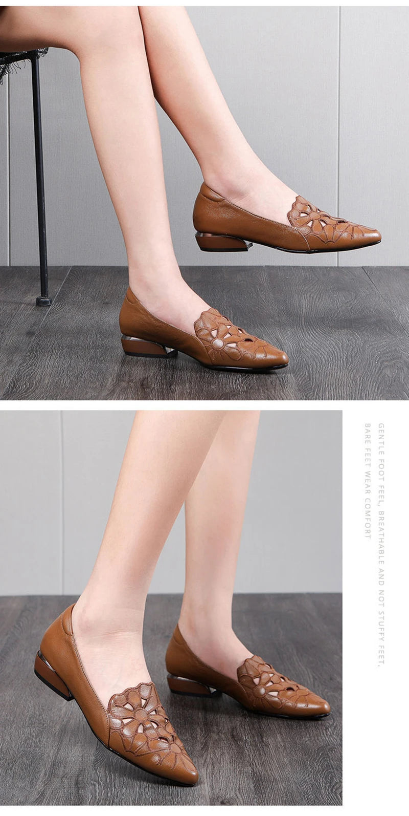 Mid Heel Leather Hollow Out Black Square Heel Shoes