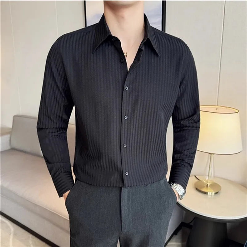 Long Sleeve Striped Smart Casual Turn Down Collar Slim Fit Shirts