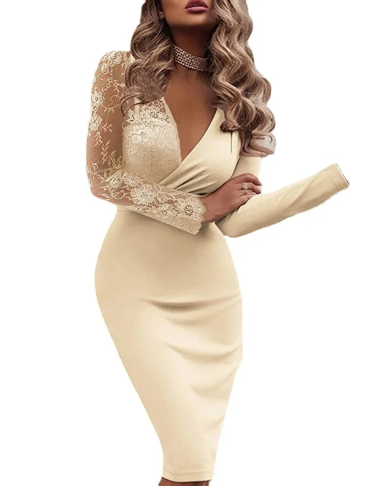 Elegant Sexy Bodycon Deep V-neck Long Sleeve Dress