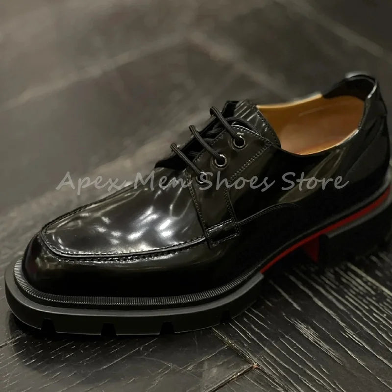 Black Glossy Chunky Sole Lace Up Cow Leather Oxford Shoes