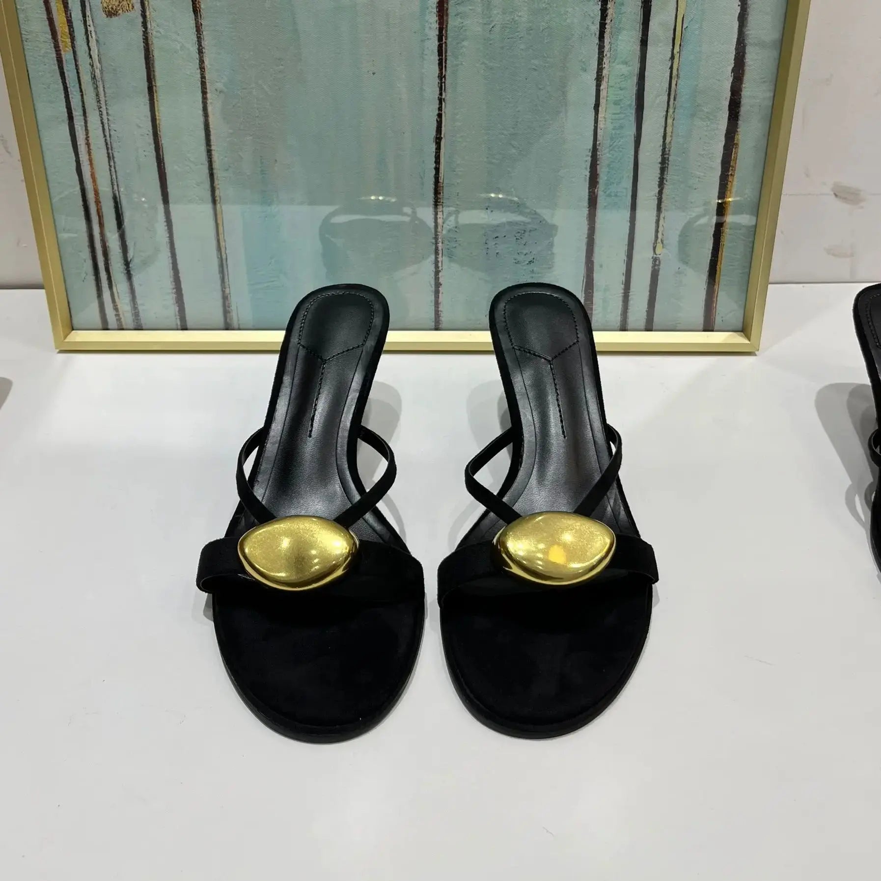 Black Metal Open Toe Thin Heels Slippers Sandals