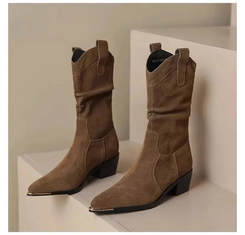 Classic Suede Pointy Toe Chelsea Wedge Heel Ankle Boots