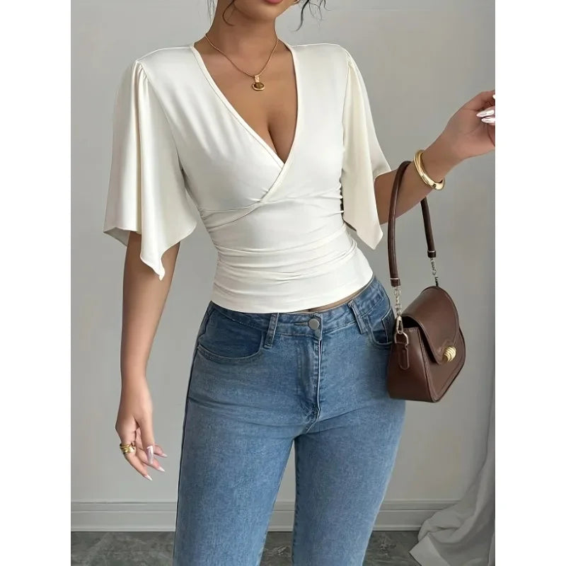 Solid Colour Casual Flared Sleeve Slim Deep V Neck Sexy T-Shirt Top