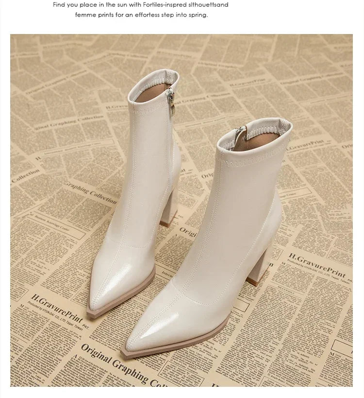 Pointed Toe Thick Heel French Ankle Boots