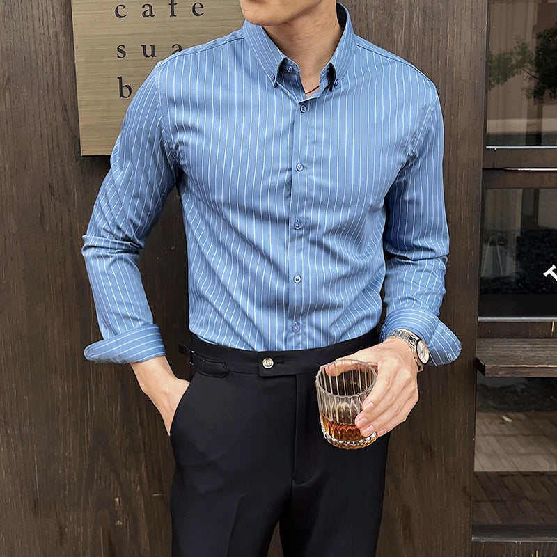 Striped Shirts Long Sleeved Elastic Slim Fit Dress Shirt for Men