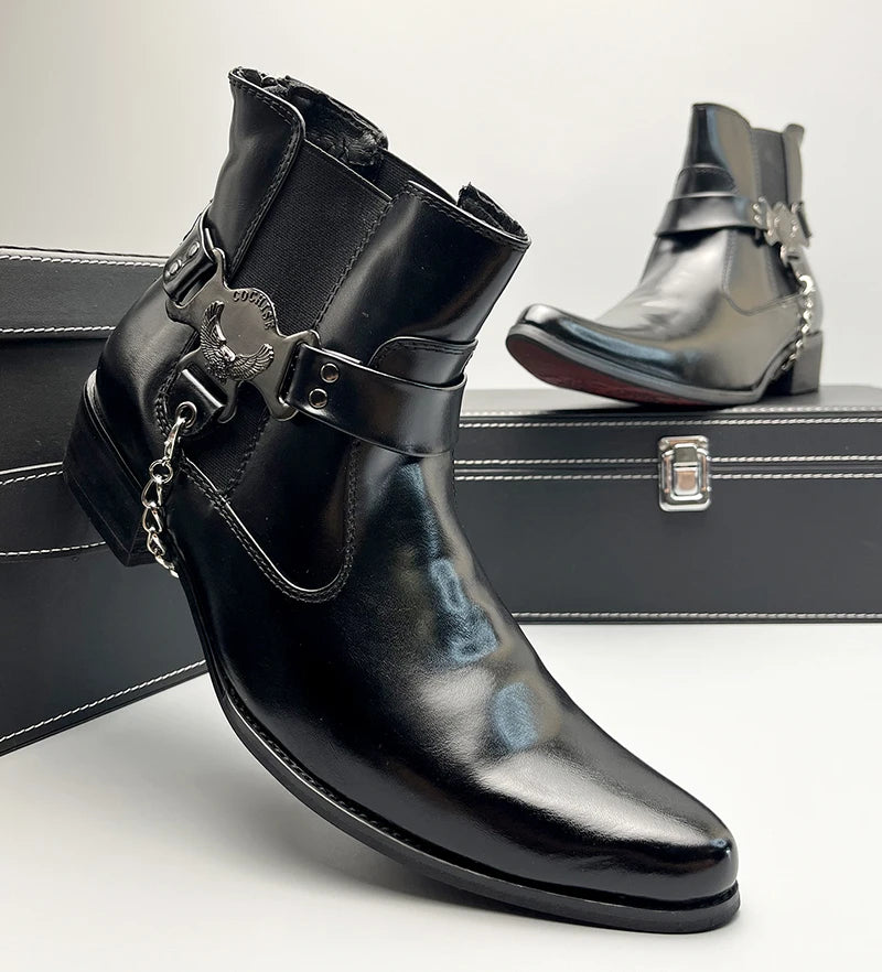 Pointed Toe Leather Chelsea Ankle Botas