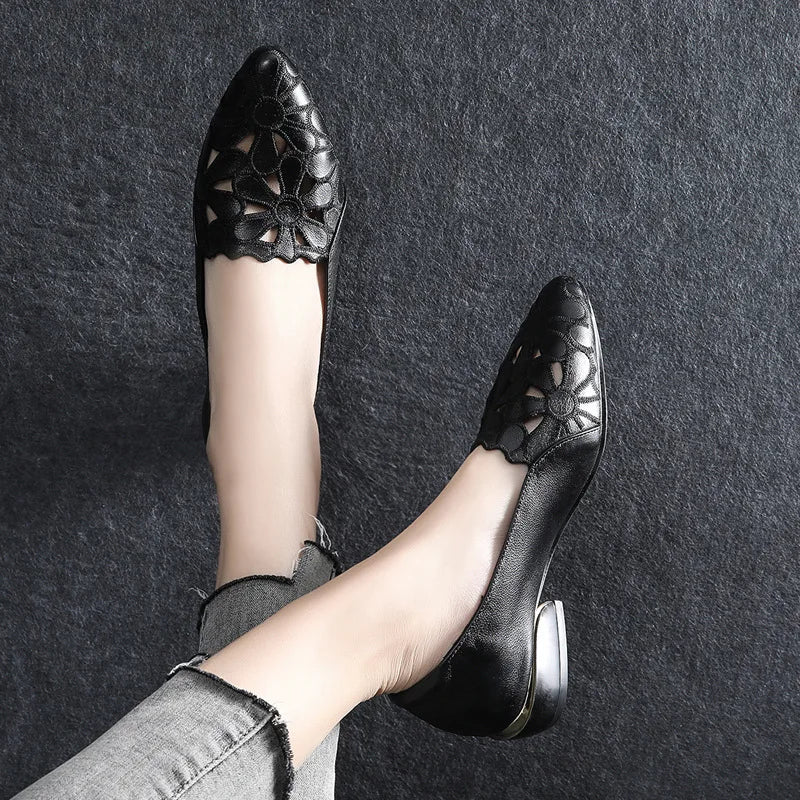 Mid Heel Leather Hollow Out Black Square Heel Shoes