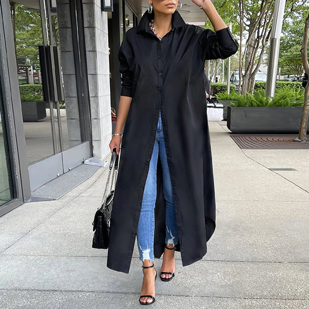 Women Windproof Dress Versatile Hem Solid Color Shirt Long Dress
