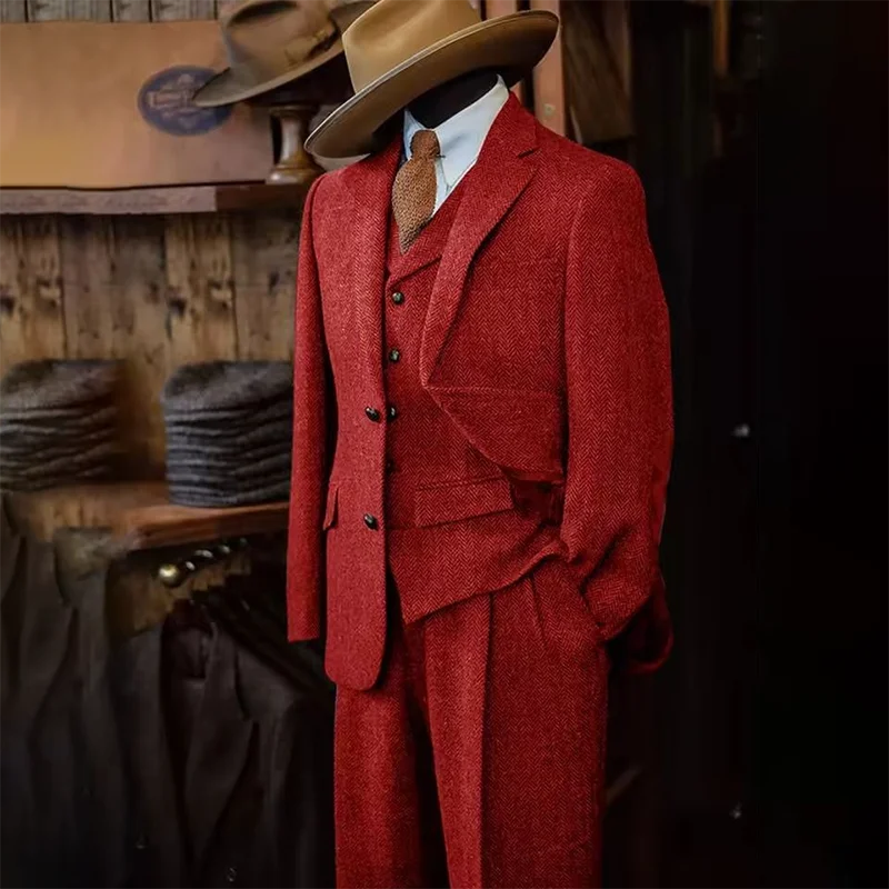 3 piece Slim Fit Herringbone Pattern Single Breasted Suits