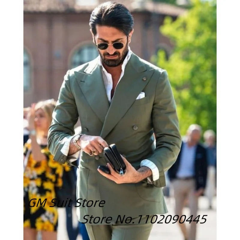 Two-piece Slim Fit Solid Color Double Breasted Spike Lapel