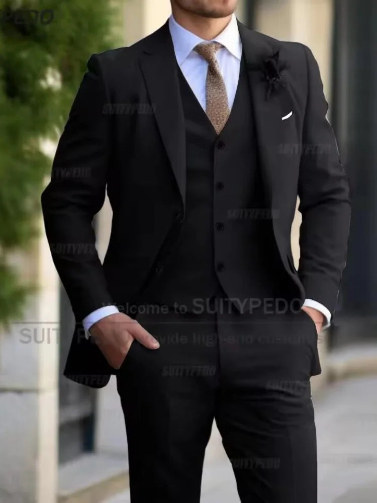 Slim Fit Suit Sets For Men Wedding Banquet Groomsman Elegant Formal Vest Pants Three Pieces Fashion Male Classic Outfits