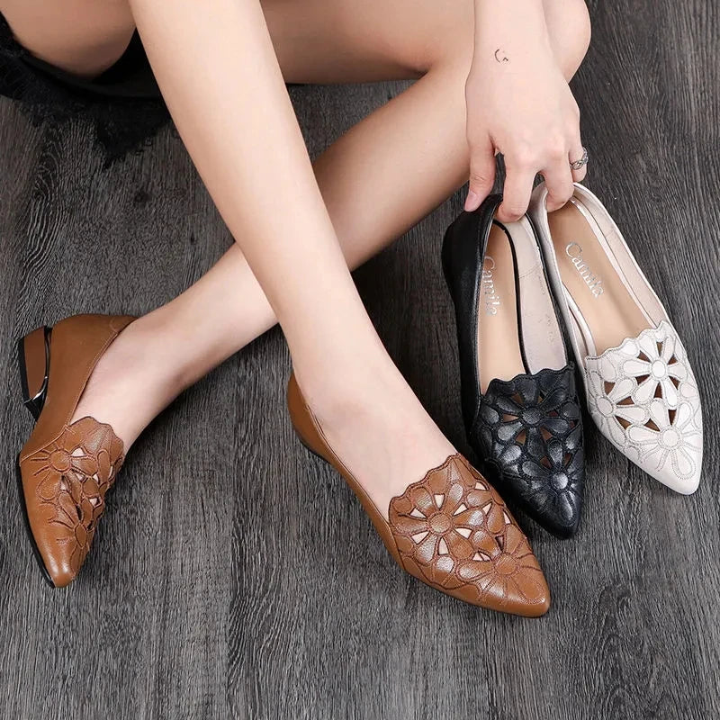 Mid Heel Leather Hollow Out Black Square Heel Shoes