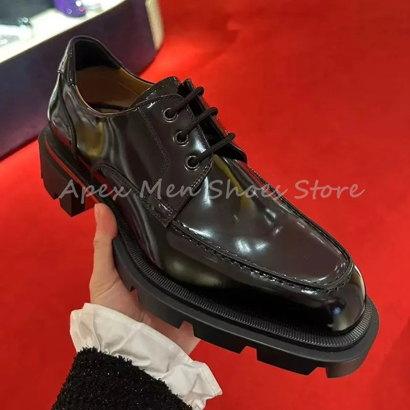 Black Glossy Chunky Sole Lace Up Cow Leather Oxford Shoes