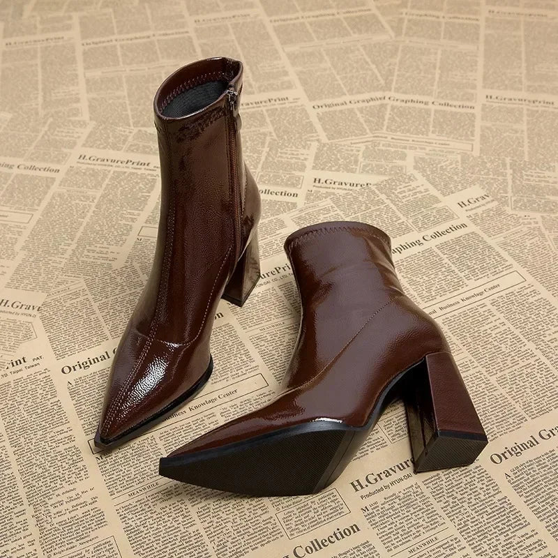 Pointed Toe Thick Heel French Ankle Boots