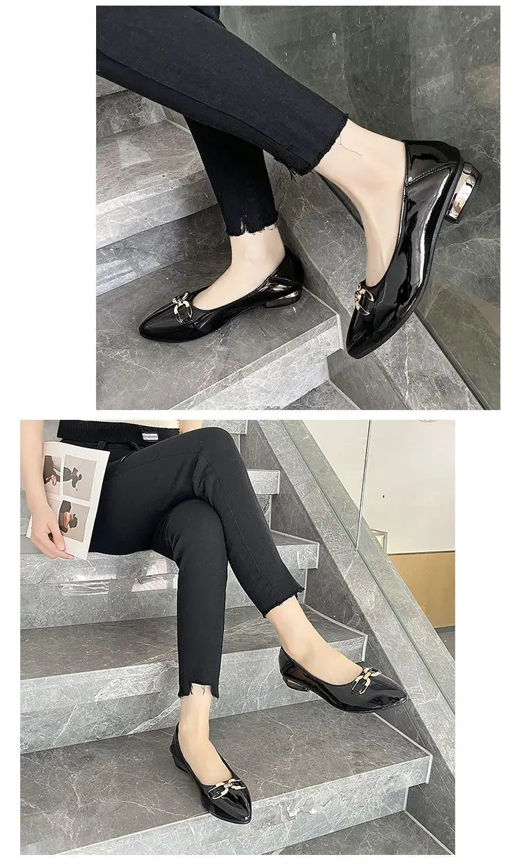 Pointed Toe Patent Leather Low Heel Single Slip on Classic Shoes