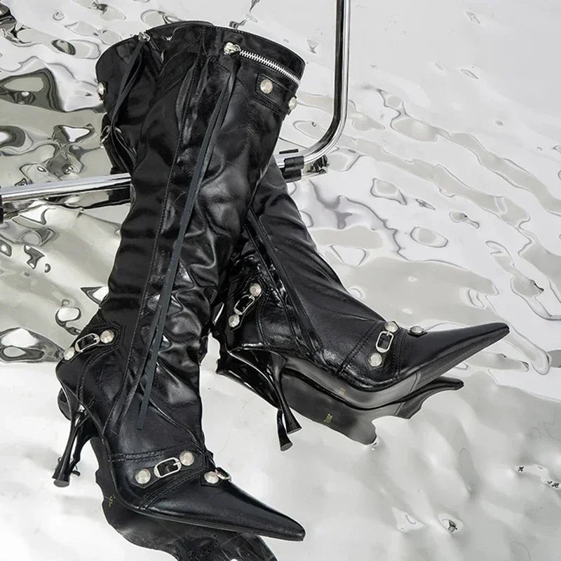 Sexy Pointed Toe Knee High Zapatos Mujer Chelsea Boots Pumps