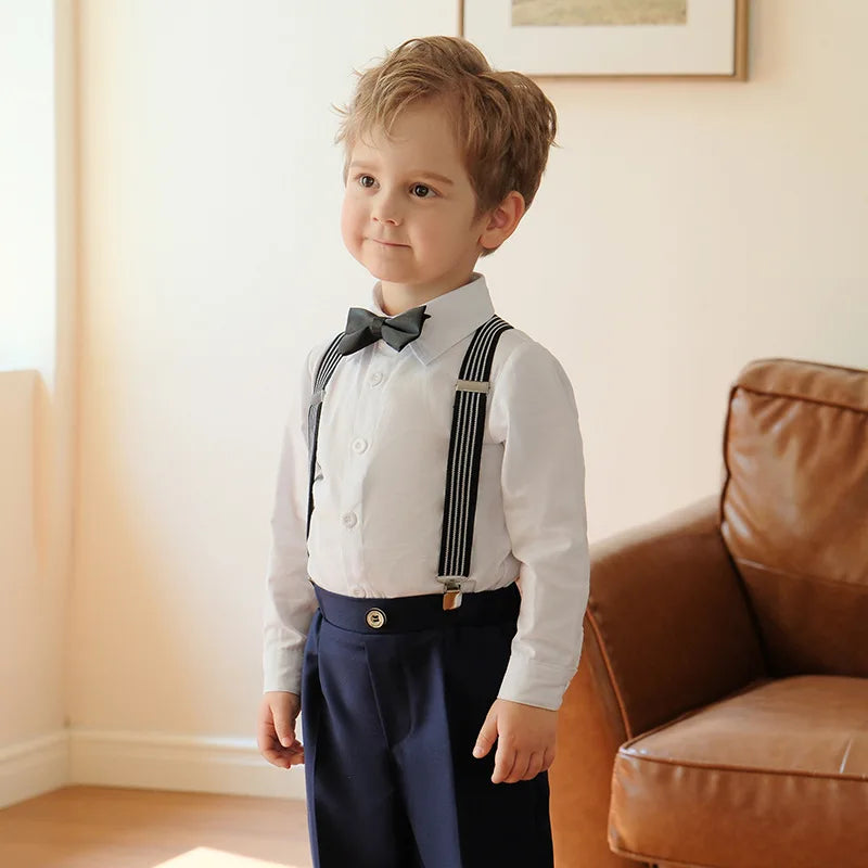 4 Pieces/set Boys Formal Elegant British Style Strap Shirts Outfits Set