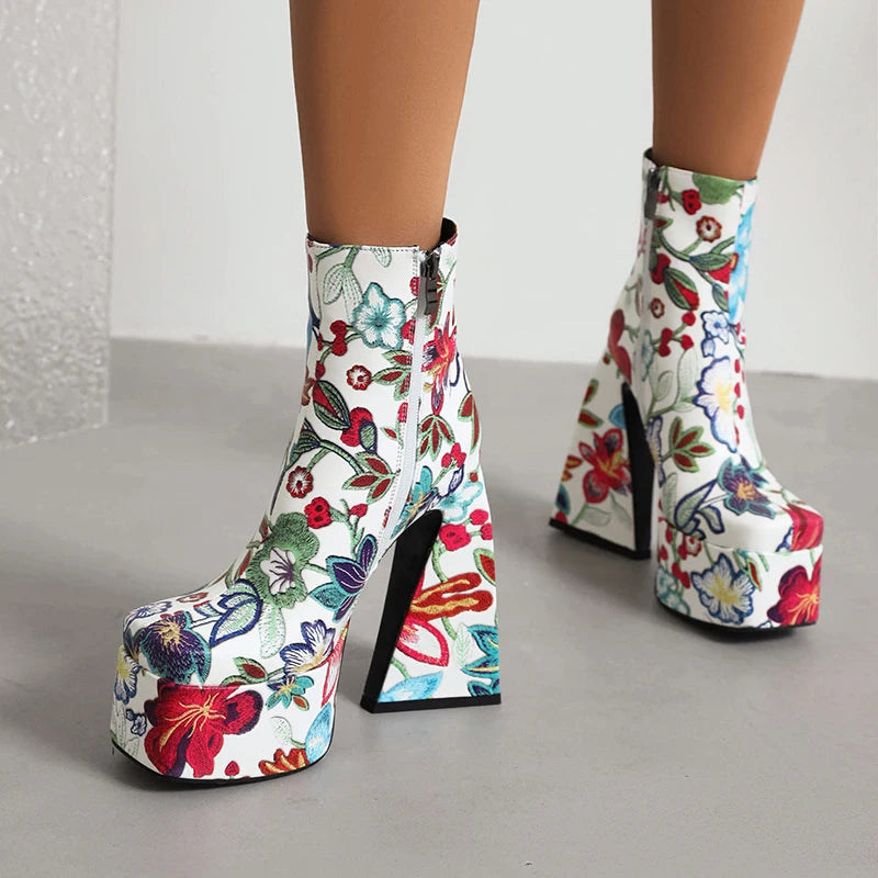 Colorful Flower Pattern Super High Cutout Chunky Heel Ankle Boots