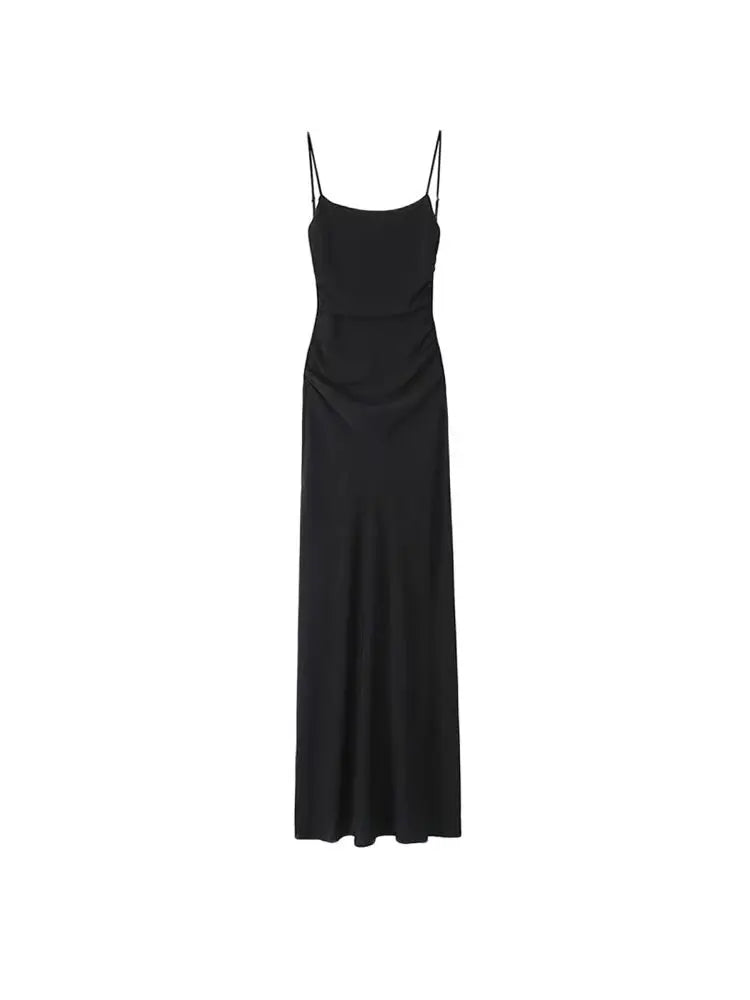 Draped Midi Dress for , Straight Neck, Thin Straps, Backless Female Dresses, Chic Fashion