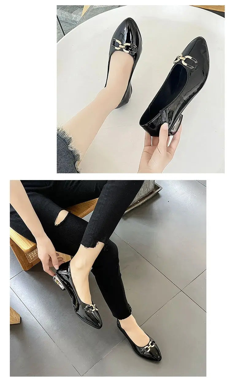 Pointed Toe Patent Leather Low Heel Single Slip on Classic Shoes