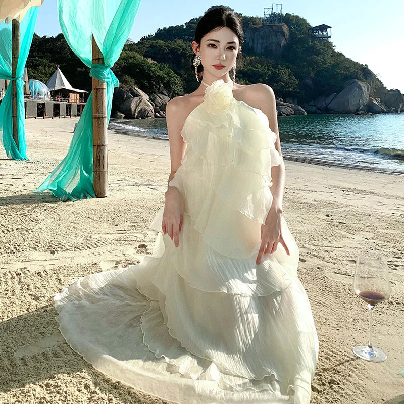 French Halter Flower Ruffled Light Luxury Small Temperament Dress