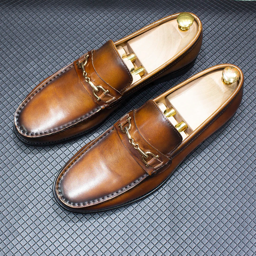 Handmade Genuine Leather Metal Chain Loafers