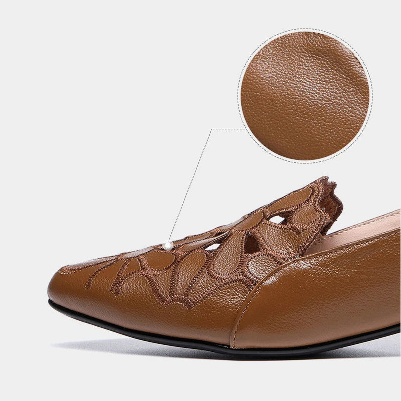 Mid Heel Leather Hollow Out Black Square Heel Shoes