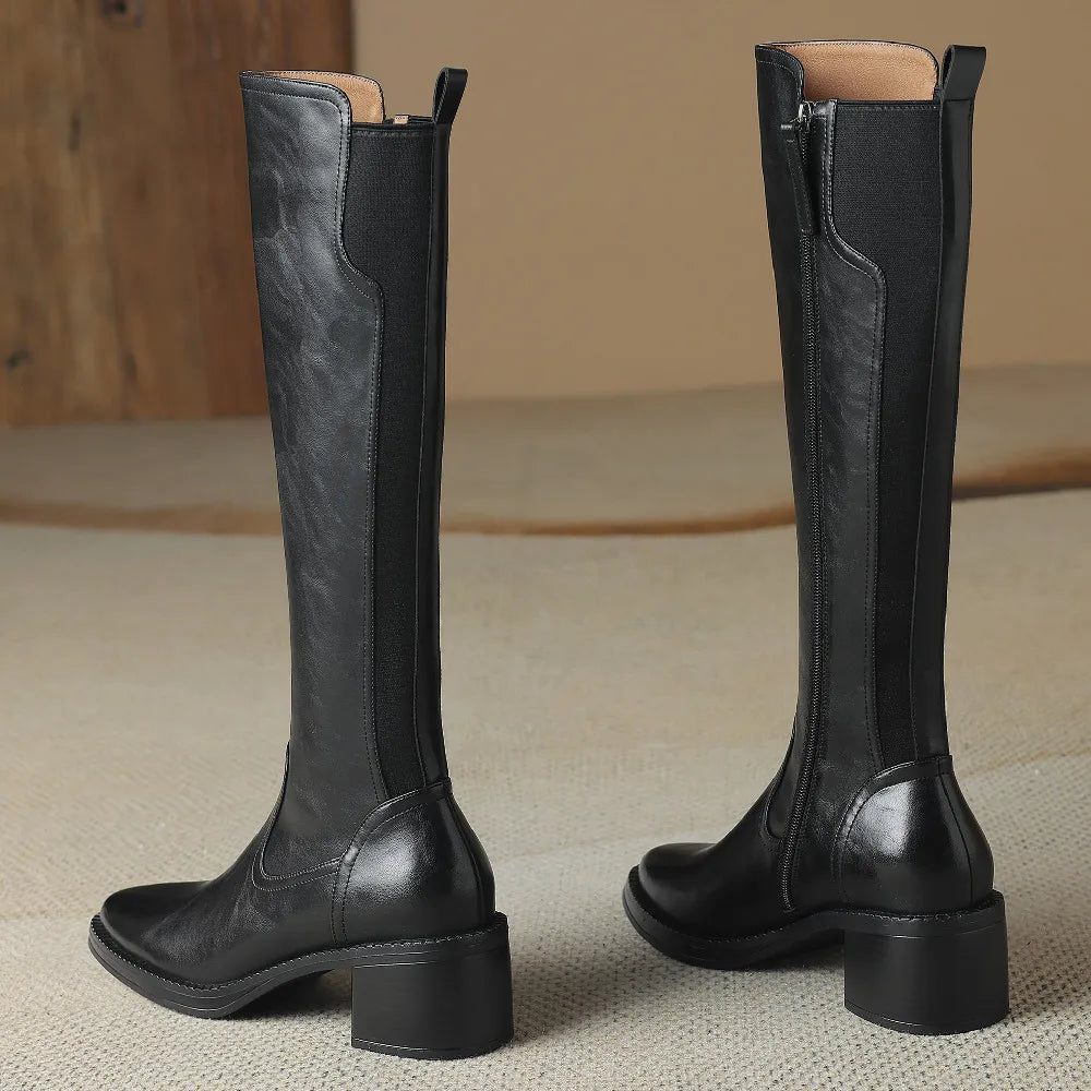 Women's Genuine Leather Side Zip Knee High Pointed Toe Boots