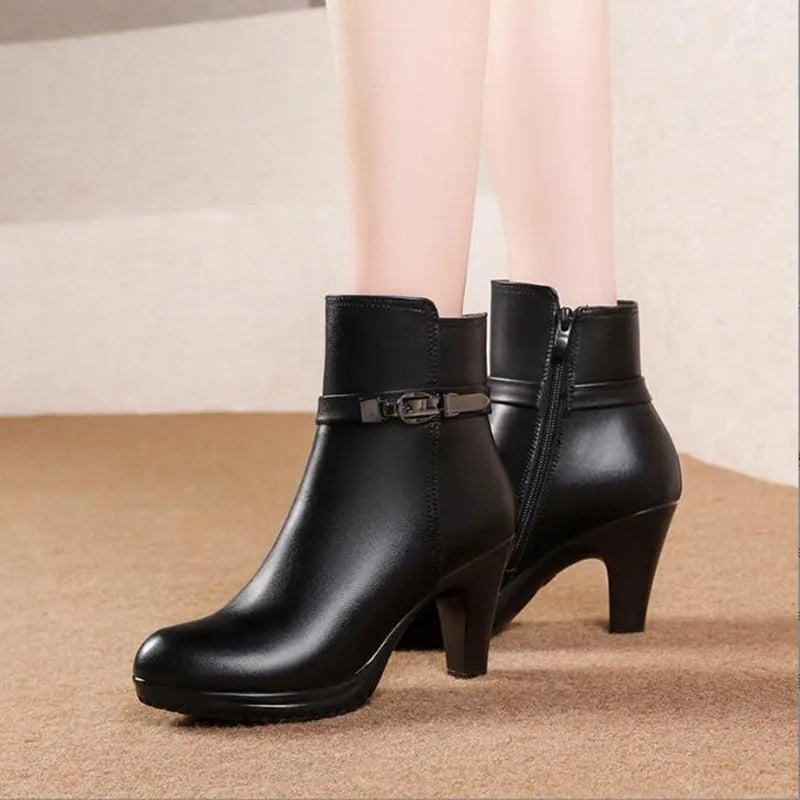 AIYUQI Ankle Boots Genuine Leather Boots Wool Booties High-heeled Snow Boots