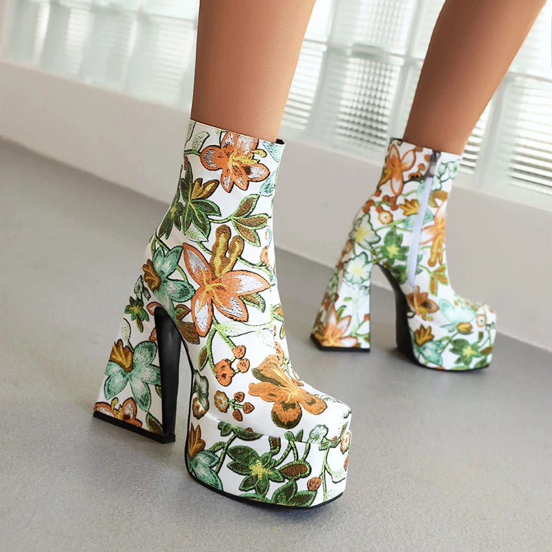 Colorful Flower Pattern Super High Cutout Chunky Heel Ankle Boots