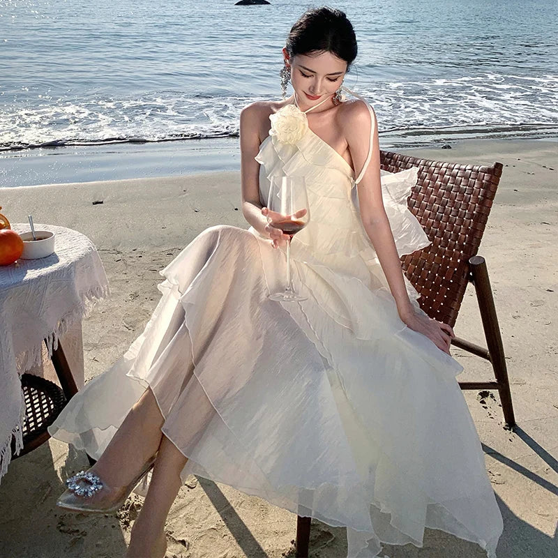 French Halter Flower Ruffled Light Luxury Small Temperament Dress